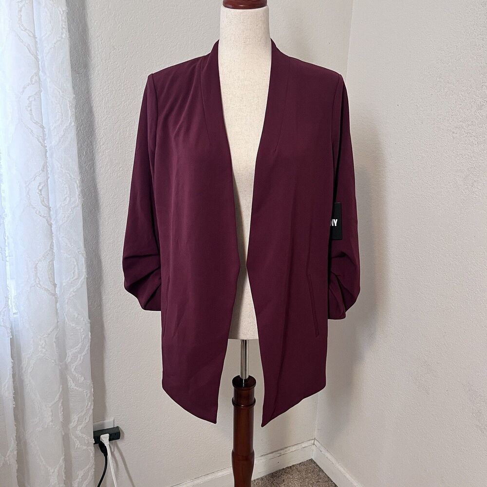 NWT DKNY Women's Maroon Open Front Shawl Collar Ruched 3/4-Sleeve Blazer Size S